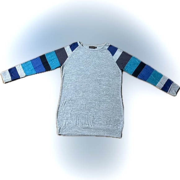 HARHAY RAGLAN STRIPE SLEEVE BOAT NECK TUNIC GRAY BLUE COTTON SPANDEX LONG TSHIRT - Picture 2 of 6